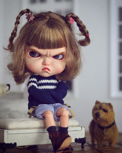 She is so cute @mr.yuan__ awesome custom #blytheconshanghai #blythedoll #blythecustom Control My Emotions, Baby Face Drawing, I Am Mad, Blythe Bebek, I Do Not Care, Angry Girl, My Emotions, Cute Cartoon Pictures, Cute Love Cartoons