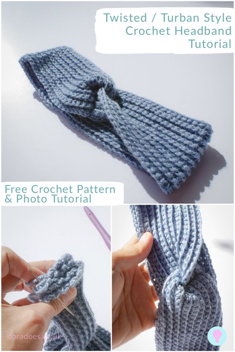 Learn how to make a quick and easy twisted / turban style crochet headband with this free crochet pattern. This simple beginners project includes a free step by step ‘how to’ photo tutorial #crochet #headband #turban #twisted #crochetheadband Crochet Turban Headband, Crochet Earwarmers, Crochet Ear Warmer Free Pattern, Paw Crochet, Crochet Guide, Crochet Headband Tutorial, Crochet Turban, Foundation Single Crochet, Twisted Headband