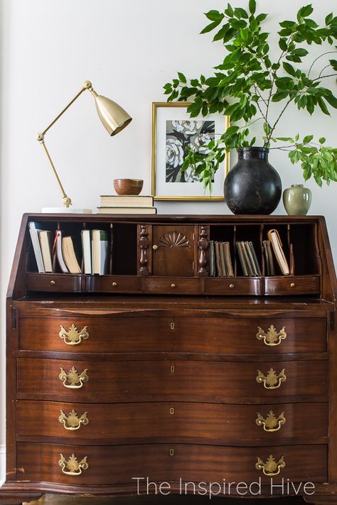 Antique Desk In Living Room, Antique Secretary Desk In Living Room, Antique Desk In Bedroom, Secretary Desk In Entryway, Living Room Vignette, Styling Secretary Desk, Secretary Desk Entryway, Antique Secretary Desk Decor, Styling A Secretary Desk