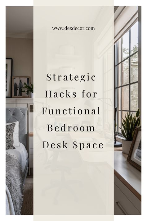 Modern bedroom with stylish desk setup by a large window, featuring plants and decorative items. Bedroom Desk Setup Ideas, Desk Placement In Bedroom, Desk Next To Bed Ideas, Desk In Bedroom Ideas, Desk Small Space, Chic Desk Decor, Organization Techniques, Kitchen Flooring Trends, Bedroom Rug Placement