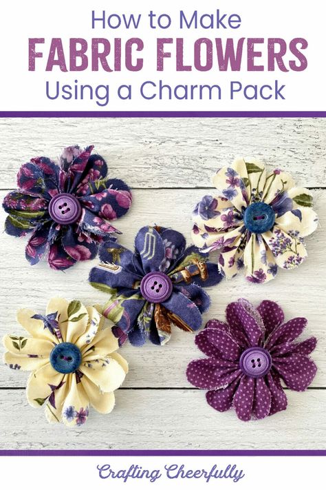 Create sweet DIY fabric flowers using cotton fabric and decorative buttons. These flowers can be made using a charm pack and are simple to make! Fabric Flowers Diy Easy, Diy Fabric Flowers, Flower Fabric Pattern, Fabric Flower Bouquet, Trees Fabric, Making Fabric Flowers, Material Flowers, Scrap Fabric Crafts, Fabric Flower Tutorial