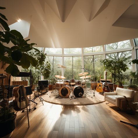 Earthy Music Room, Sunroom Music Room, Big Music Room, Japandi Music Room, Cozy Home Studio Music, Music Room Architecture, Fkj Home Studio, Boho Music Studio, Luxury Music Studio