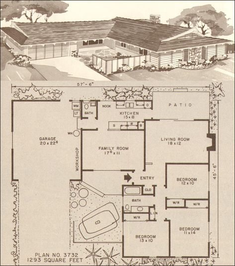 Design No. Plan No. 3732 - Hiawatha T. Estes' c. 1960 Ranch and Modern Homes - Modern Ranch 1950s Houses, Mid Century House Plans, Entry Courtyard, House Floorplan, Exposed Rafters, Modern Remodel, Mcm House, Vintage House Plans, Homes Modern