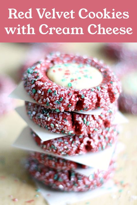 Red Velvet Snickerdoodles, Red Velvet Holiday Cookies, Christmas Sweets And Treats Desserts, Red Velvet Cream Cheese Thumbprint Cookies, Sugar Cookie Candycane, Christmas Cookies Cheesecake, Cheesecake Cookies Christmas, Cool Christmas Desserts, Not So Sweet Cookies