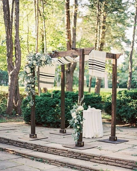 sarah and matt's chuppah is everything. for more details link in profile. #NOWonGLW // photography @rachelsolomonphoto // coordinating @witweddings // floral @lovebloomsdc // venue #woodendsanctuary Wedding Hupa Decorations, Jewish Wedding Arch, Chuppah Eucalyptus, Woodend Sanctuary Wedding, Chuppah Decorations, Chuppah Florals, Wood Chuppah, Rustic Chuppah, Chuppah Inspiration