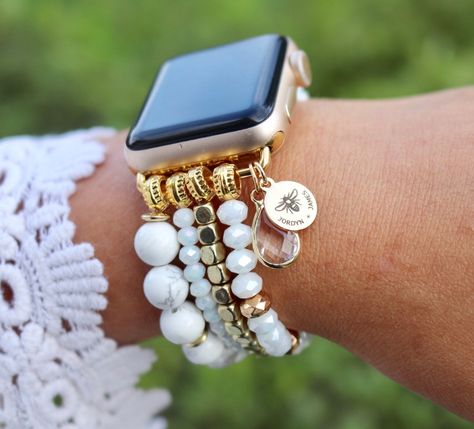 Arm Stack, Beaded Watches, Pink Watch, Mint Gold, Bead Charms Diy, Apple Watch Faces, 38mm Apple Watch Band, Band Bracelet, Stretchy Bracelets