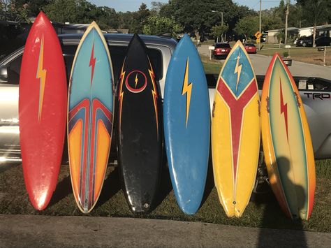 #My vintage lightning bolt collection so far always looking to buy or trade for any surfboards from the 80s or older so please hit me up at mums7873@aol.com if you happen to have any especially looking for a Christian Fletcher or stussy with color but pretty much open to anything thanks  #lightningboltsurfboards #vintagesurfboards #gerrylopez #tomeberly #80s #boardporn Surfboards Artwork, Surfboard Painting, Surf Painting, Diy Recycled Projects, Vintage Surfboards, Graphic Artist Designer, Surf Vintage, Surfboard Shapes, Wooden Surfboard