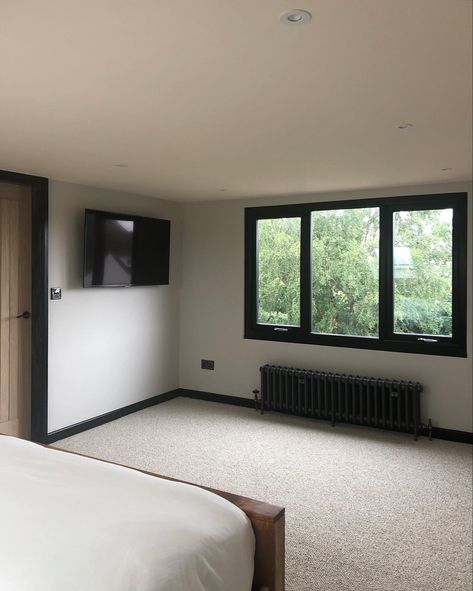 Black Window Frames Bedroom, Black Skirting Boards Bedroom, Black Skirting Boards White Walls, Black Skirting Boards, Black Skirting, Black Framed Windows, Loft Bedroom Decor, Greige Bedroom, Beige Walls Bedroom