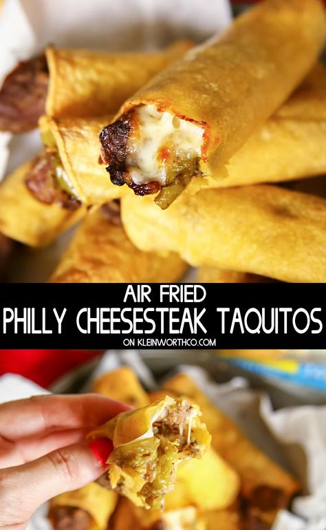 Kick off game day with these Air Fried Philly Cheesesteak Taquitos. Easy slow cooker cheesesteak rolled into crispy air fried taquitos makes these a WIN! Air Fried Taquitos, Slow Cooker Cheesesteak, Taquitos Recipe, Healthy Superbowl Snacks, Air Fryer Oven Recipes, Air Fry Recipes, Meat Appetizers, Philly Cheesesteak, Off Game