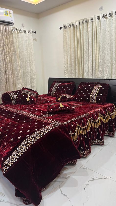 L H Decor’s | “Forever Beginnings: Embrace the magic of love and create cherished memories with our enchanting bridal bedset. Let the allure of elegance… | Instagram Bed Design For Wedding, Bridal Bed Set, Parda Design, Afghanistan Dress, Ladies Frock Design, Sewing Pillows Ideas, Handmade Bed Sheets, Dulhan Dress, Bedroom Vanity Set