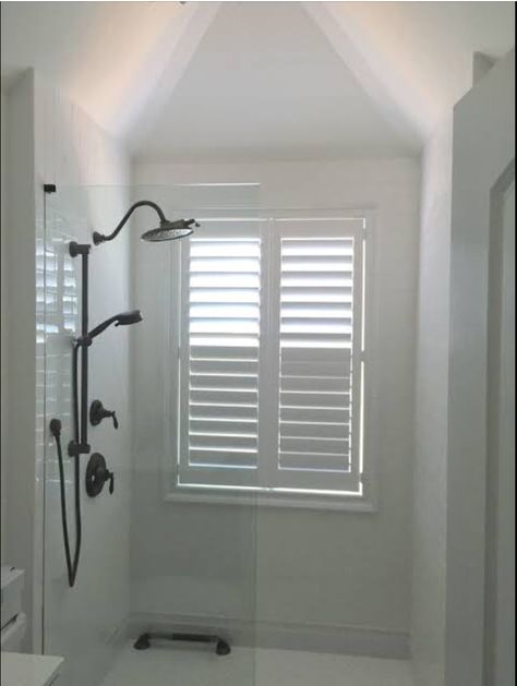 Window Shutter Blinds, Bathroom Windows In Shower, Bathroom Shutters, Narrow Bathroom Designs, Small Attic Bathroom, Shower Window, Bathroom Interior Design Modern, Bathroom Blinds, Vinyl Shutters