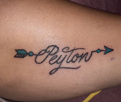 Arrow, Peyton, tattoo Peyton Tattoo, Tattoo Name, Tattoed Women, Badass Tattoos, Baby Tattoos, Name Tattoo, Name Tattoos, Tattoo Inspo, Tattoo Fonts