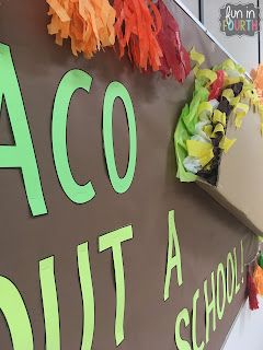 Let's Taco 'Bout Bulletin Boards | Fun in Fourth Taco Bulletin Board Ideas, Taco Bulletin Board, Cafe Bulletin Board, Lunch Boards, Resource Room Ideas, Cafeteria Bulletin Boards, Food Bulletin Boards, Christmas Bulletin Boards, Kindergarten Decorations