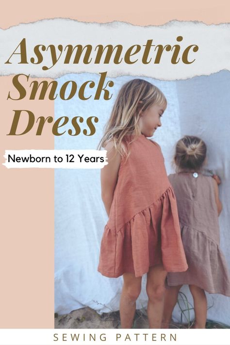 Asymmetric Smock Dress sewing pattern (Newborn to 12yrs). It's a classic style dress with a big twist! The designer describes her project as a lot of fun to make and looks even better on! It's a playful and fun loose-cut dress with an asymmetric skirt with lots of gathering. You get an effortless vibe with the loose-cut bodice with a keyhole opening. Simple Toddler Dress Pattern, Sewing For Newborns, Kid Sewing Projects Beginner, Kids Dress Sewing Pattern, Sewing Kids Clothes Patterns, Kids Clothes Sewing Patterns, Free Dress Patterns For Kids, Free Toddler Dress Pattern, Free Baby Dress Pattern