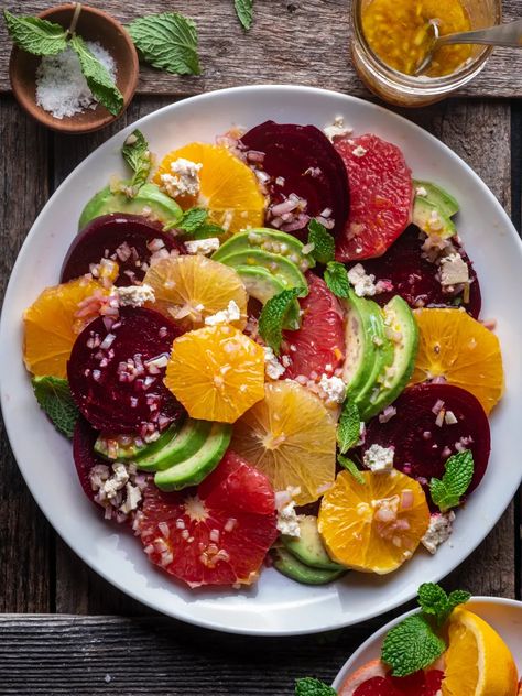 Wandering Chickpea, سلطة البنجر, Winter Side Dishes, Tofu Feta, Roasted Beet Salad, Citrus Vinaigrette, Salad With Avocado, Citrus Salad, Feta Recipes