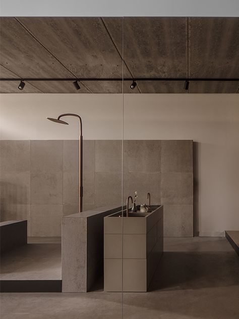 Studio Piet Boon opens new bathroom showroom and Salvatori flagship store - Studio Piet Boon Bathroom Ideas 2024, Monochrome Bathroom, Open Bathroom, Bathroom Showrooms, Industrial Bathroom, Studio Kitchen, Bathroom Collections, Minimalist Bathroom, Kitchen Fixtures