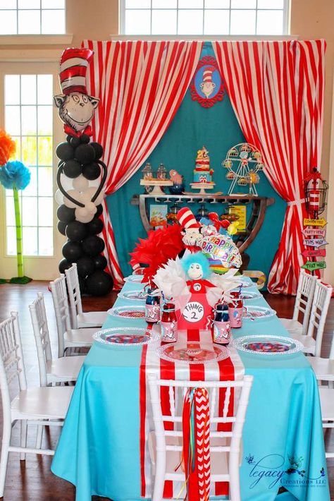 A Seussical Adventure | CatchMyParty.com Cat In The Hat Table Decorations, Cat In The Hat Backdrop, Cat In The Hat Party Decorations, The Cat In The Hat Birthday Party, Cat In The Hat First Birthday, Cat And The Hat Birthday Ideas, Thing 1 Thing 2 Birthday Party Ideas, Cat In The Hat Birthday Party, London Graduation