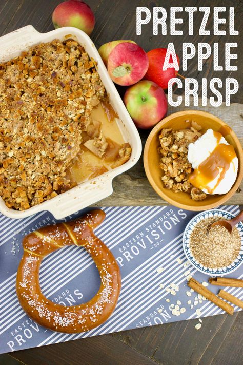 Apple crisp topped with pretzel bread crumbs will be your new favorite Thanksgiving dessert recipe. Find this easy dessert recipe now through the link! #Pretzel #SoftPretzel #Thanksgiving #ThanksgivingRecipe #AppleCrisp #AppleDessert #ComfortFood #EasyDessert #EatWithYourHands #Esprovisions Leftover Soft Pretzel Recipes, Leftover Thanksgiving Sandwich, Pretzel Recipes, Apple Crisp Topping, American Dessert, Pretzel Bread, Soft Pretzel Recipe, Soft Pretzel, American Desserts