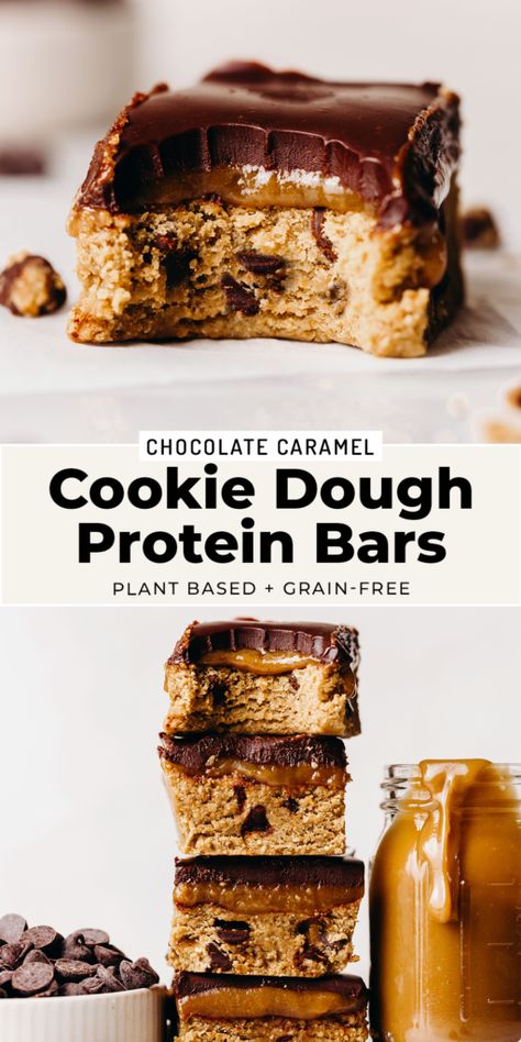 Caramel Cookie Dough Protein Bars Protein Bars Without Protein Powder, Cookie Dough Protein Bars, Caramel Cookie Dough, Cookie Dough Protein, Chocolate Caramel Cookies, Vegan Chocolate Recipes, Protein Rich Snacks, Healthy Homemade Snacks, Healthy Cookie Dough