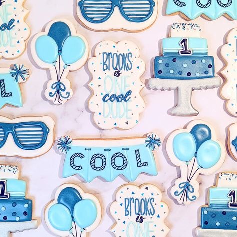 😎Word has it... ONE Cool Dude just had his 1st birthday!😎 Such a fun one theme to try out! We mostly went off the invitations for this o… | Instagram Its Cool To Be One Birthday, One Sweet Guy Birthday, Dude Perfect Cookies, One Cool Dude First Birthday Cookies, One Cool Dude Cookies, One Happy Dude Blue Theme, Cookie Monster 1st Birthday Balloon Garland, One Cool Dude, Sugar Mama