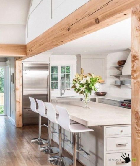 Kitchen With Post And Beam, Open Kitchen With Beams, Kitchen Island Beam Support, Wood Support Beam Kitchen, Kitchen Island With Ceiling Support, Supporting Beam Ideas, Kitchen Beams Support, Beam Over Kitchen Island, Faux Beam Cased Opening