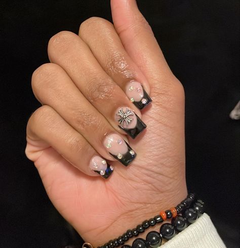 Short Black French Tip Nails With Gems, French Nails With Gems, Short Black French Tip, Nails With Gems, Hooded Lids, Short French Nails, Black French Tip, Short French, Black French Tips