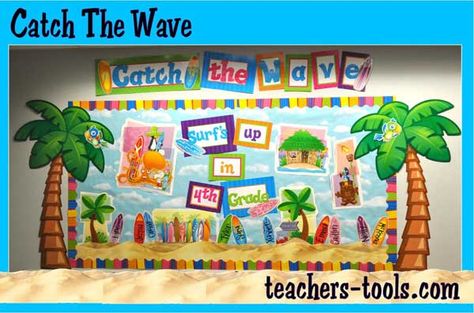 Catch The Wave with this Surfing Bulletin Board! Complete with palm trees, surfboards and sand, it's perfect for your class! Beach Bulletin Boards, Bulletin Board Tree, Tropical Classroom, Beach Theme Classroom, Science Bulletin Boards, Ocean Classroom, Ocean Theme Classroom, Science Classroom Decorations, Science Decor