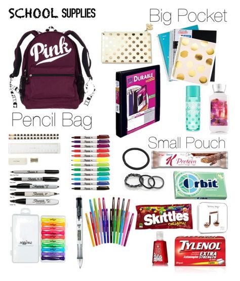 What's in my backpack? by jazmynne-dickerson on Polyvore featuring polyvore, moda, style, scunci, Kate Spade, Sugar Paper, Paper Mate, fashion and clothing Academic Organization, Schul Survival Kits, High School Supplies, Middle School Supplies, School Emergency Kit, Locker Ideas, Middle School Survival, Fun Desk, What's In My Backpack