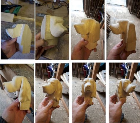 steps to a dog head - Woodcarving Illustrated Wood Carving Animals For Beginners, Cat Wood Carving Patterns, Fox Head Carving Pattern, Wood Carved Animals For Beginners, Dog Carving, Wooden Handicrafts, Dachshund Wood Carving, Whittling Patterns, Animal Carving