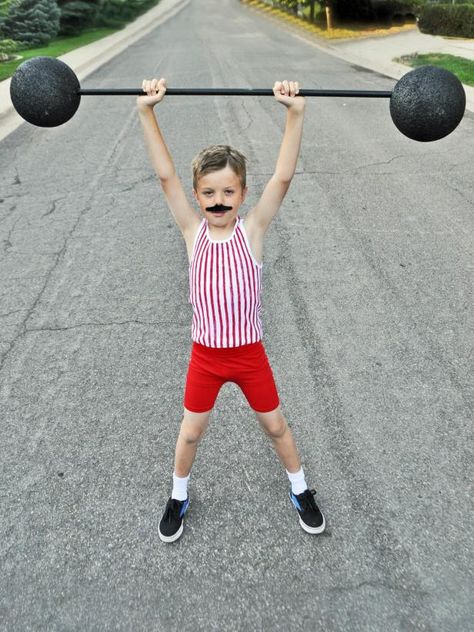 Easy Carnival Costume, Make Your Own Circus Fancy Dress, Diy Strong Man Costume, Toddler Strong Man Costume, Baby Strong Man Costume, Diy Strong Man Carnival Game, Strong Man, Circus Costume Kids, Circus Strongman Costume