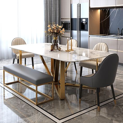 Faux Marble Dining Table, Stainless Steel Dining Table, Dining Table Design Modern, Dining Room Paint Colors, Dining Table Gold, Luxury Dining Table, Set Meja Makan, Marble Top Dining Table, Dining Room Paint