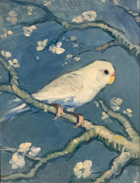 Acrylic Paintings Bird, Bird Art Aesthetic, Painting On Blue Background, Parakeet Painting Acrylic, Bird Painting Gouache, Budgies Aesthetic, Parakeet Aesthetic, Budgie Aesthetic, Budgie Wallpaper