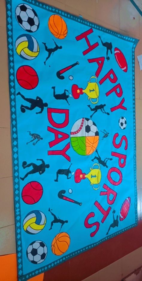 Sport Banner Design Poster, Sports Chart For School, Sports Day Chart For School, Sports Day Poster School Drawing, Sports Day Decoration Ideas Preschool, Sports Day Bulletin Board Ideas, Sports Day Poster School, Sport Day Decoration Ideas, Sport Day Decoration Ideas For Kids