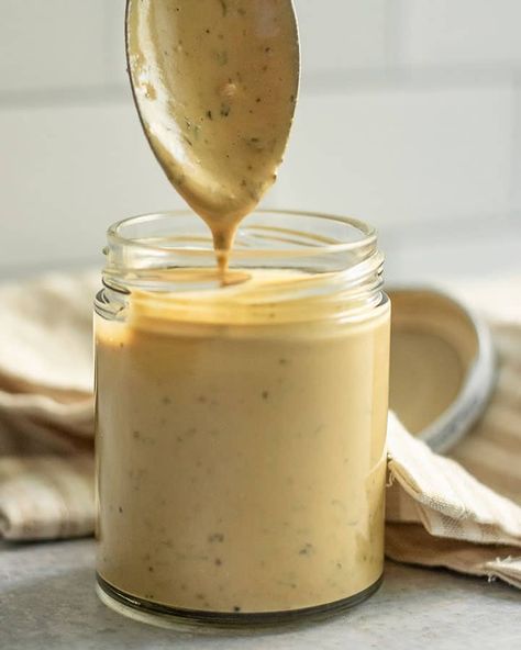 Easy Balsamic Tahini Dressing (vegan & gluten-free) – Plant Based RD Wildfit Recipes, Group Lunch, Dressing Healthy, Vegan Dressing, Starch Solution, Creamy Dressing, Salad Dressing Recipes Homemade, Vegan Sauces, Tahini Dressing