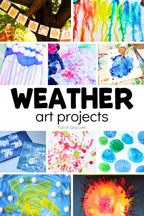 15+ weather art projects for preschoolers and kindergarten kids. There are art projects for rain, wind, storms, hail, and, my personal favorite, sunshine! You can even incorporate the weather art projects into lesson plans about the weather or the four seasons! Click on the Fun-A-Day.com link for more details. Weather Art Projects, Art Projects For Preschoolers, Weather Kindergarten, Projects For Preschoolers, Climate Activities, Weather Lesson Plans, Weather Unit Study, Rain Crafts, Weather Activities Preschool