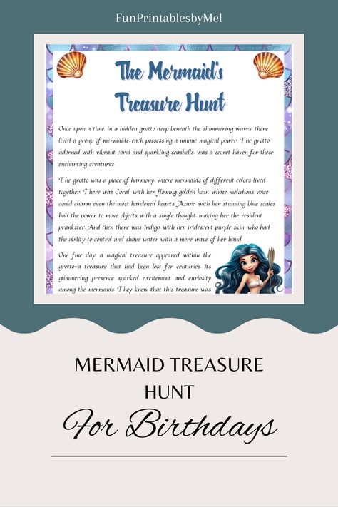 Picture of the Mermaid Treasure Hunt story. Treasure Hunt Ideas For Kids Outdoor, Mermaid Treasure Hunt, Treasure Hunt Ideas, Mermaid Treasure, Treasure Hunt For Kids, Treasure Hunt Clues, Lost Treasure, Blues Scale, Scavenger Hunt For Kids