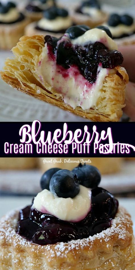 Blueberry Cream Cheese Puff Pastries are a delicious cream cheese blueberry dessert recipe baked in puff pastry shells. #blueberries #dessertfoodrecipes #yummy #puffpastries #greatgrubdelicioustreats Mini Cream Puff, Cream Cheese Puffs, Puff Pastry Recipes Dessert, Cream Cheese Puff Pastry, Puffed Pastry, Puff Pastry Shells, Blueberry Desserts Recipes, Fruity Dessert, Pastries Recipes Dessert