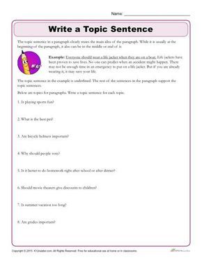 Writing Worksheet Activity - Topic Sentences More Topic Sentence Worksheet, Paragraph Writing Topics, Sentence Worksheet, Writing Sentences Worksheets, 6th Grade Writing, Reading Printables, 5th Grade Writing, Third Grade Writing, 2nd Grade Writing