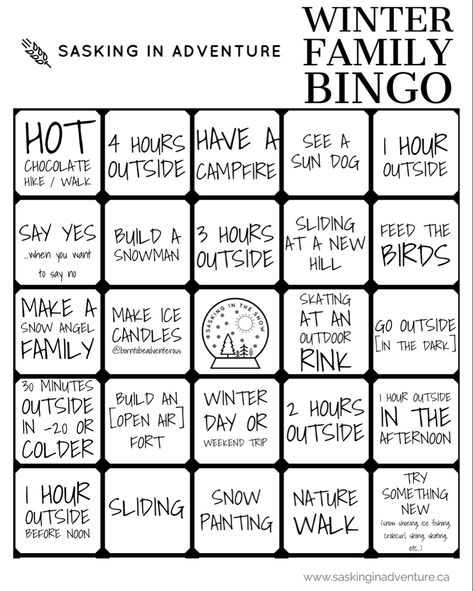 Winter Bingo, Winter Goals, Family Bingo, Mom Challenge, Ice Candle, January Blues, Sun Dogs, Build A Fort, Painting Snow