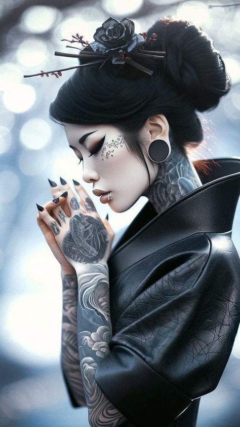 #CoolTattoos #TattooArt #InkMaster #TattooDesigns #InkedUp #TattooLovers #InkInspiration #TattooIdeas #CreativeInk #TattooStyle Coloring Reference, Cyberpunk Women, Geisha Artwork, Tattoo Henna, Tattoed Women, Geisha Art, Japon Illustration, Goth Beauty, Samurai Art