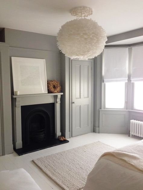 Grey walls and white floorboards White Floorboards Living Room, White Painted Floorboards Bedroom, Grey Victorian Bedroom, White Floorboards Bedroom, Painted Floorboards Bedroom, White Floorboards, Painted Floorboards, Painted Fireplace, Black Fireplace