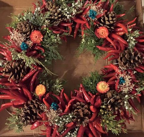 Mexican Christmas Wreath, Spanish Christmas Decorations, Southwest Wreath, Southwest Christmas Decor, Chile Ristra, Chili Peppers Decor, Corn Crafts, Arizona Christmas, Desert Christmas