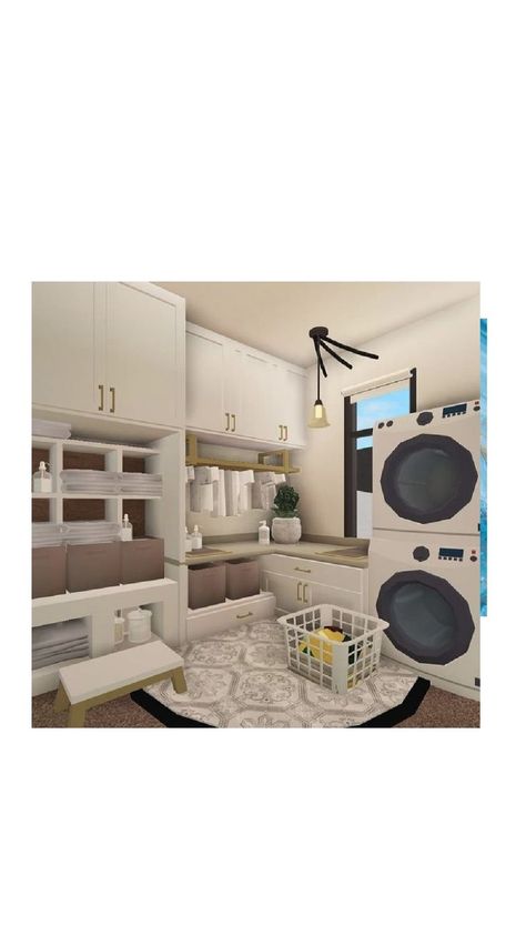 This a landry room in bloxburg Large Bloxburg Bedroom, Bloxburg 2x3 Laundry Room, Gym Room Bloxburg, Bloxburg Storage Ideas, 3x3 Laundry Room Bloxburg, Bloxburg Laundry Room Ideas, Interior Bloxburg, Laundry Designs, Roblox Houses