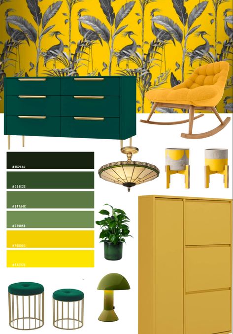 Yellow And Green Mood Board, Green And Yellow Bedroom Decor, Olive And Yellow Living Room, Green And Yellow Room, Green And Yellow Living Room, Green And Yellow Decor, Green Yellow Decor, Green Mood Board, Mood Board Interior Design