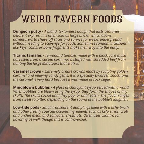 Dnd Store, Dnd Shop, Dnd Tavern, Tavern Food, Fantasy Tavern, Story Food, Dm Screen, Fantasy Food, Dnd Campaign