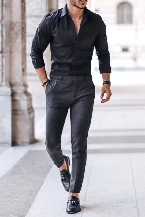 Black Loafers Outfit Men, Classy Black Outfits, Black Loafers Outfit, Mens Formal Outfits, Loafers Men Outfit, Black Shirt Outfits, Black Loafers Men, Black Outfit Men, Black Suit Men