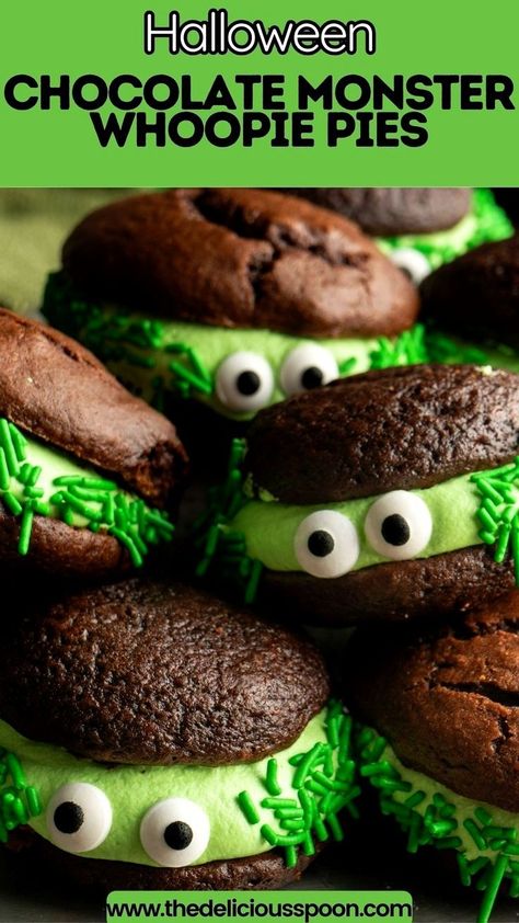 Whip up some Halloween magic with these Chocolate Monster Whoopie Pies! Created from cake mix, they're a delightfully spooky treat that's frightfully easy to make. Sink your teeth into decadent layers of chocolate, sandwiched with creamy filling—a monstrously delicious dessert sure to haunt your taste buds! Chocolate Whoopie Pie Recipe, Cake Mix Whoopie Pies, Whoopi Pies, Monster Treats, Whoopie Pie Recipe, Fall Goodies, Chocolate Whoopie Pies, Fun Halloween Treats, Whoopie Pie