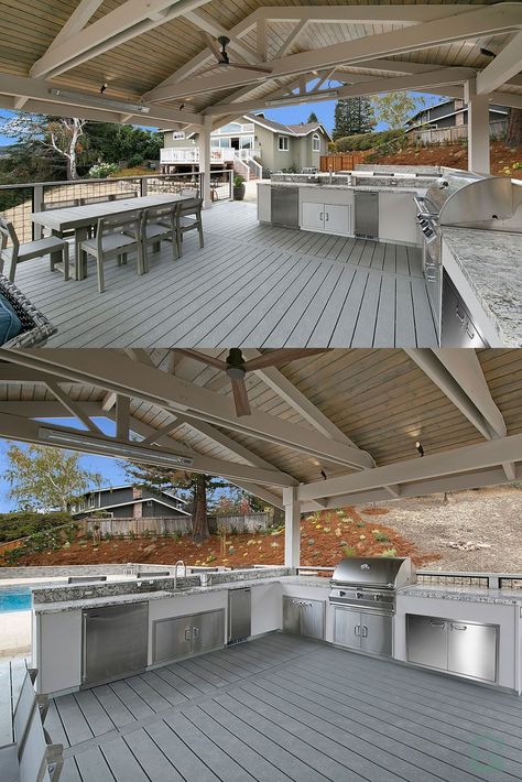 The new covered patio area was designed in a large, functional layout to accommodate seating for hosted family gatherings and outdoor BBQs. The built-in outdoor kitchen was designed in Blue Nile polished granite with a two-tier peninsula for maximum seating and weather-resistant stainless steel drawers, cabinets and appliances. A stunning Trex composite deck was also designed into the space with an open metal railing that provided an unencumbered view of the surrounding hillside. Outdoor Kitchen On Trex Deck, Outdoor Kitchen On Second Story Deck, Lean To Outdoor Kitchen Patio, Outdoor Kitchen Covered Grill Area, Deck Kitchen, Deck Grill, Covered Outdoor Kitchens, Tiered Deck, Metal Railing