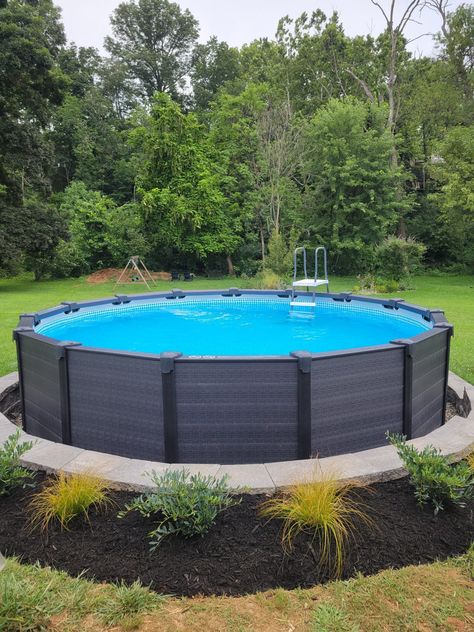 Intex Above-Ground Pool Landscaping Makeover (Pool Landscaping With Retaining Wall) — Peony Street Intex Pool Ideas, Above Ground Pool Designs, Decks For Above Ground Pools, Diy Pool Steps, Diy Above Ground Pool Landscaping, Small Pool Deck, Above Ground Pool Lights, Landscaping Makeover, Intex Above Ground Pools