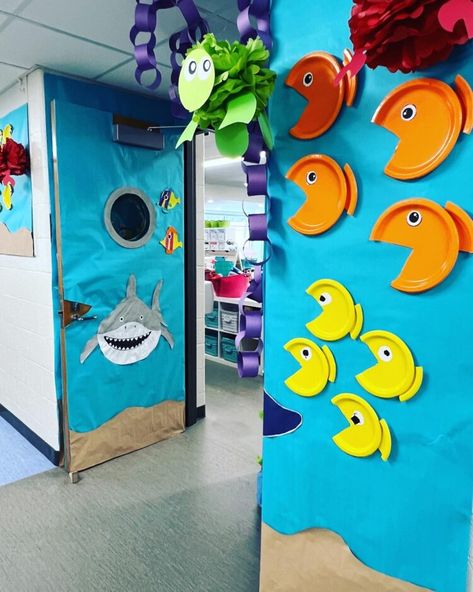 Ocean Wall For Classroom, Under The Sea Room Theme, Ocean Hallway Decor School, Commotion In The Ocean Crafts, Aquarium Classroom Decorations, Ocean Themed Hallway, Shark Classroom Decorations, Underwater Theme Classroom Decoration, Diy Ocean Classroom Decor